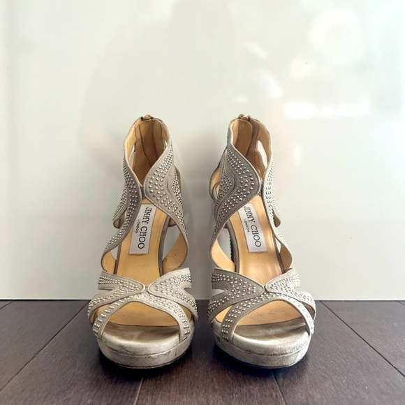 Authentic Jimmy Choo Suede Studded Collar Sandals - Silver - Size 36 - Picture 4 of 8